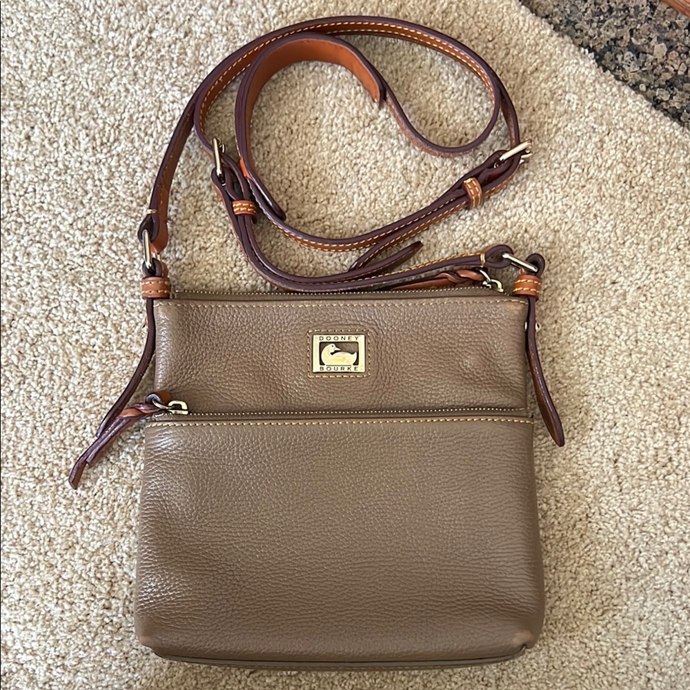 Dooney & Bourke Dillen Cowhide Leather Taupe Letter Carrier Crossbody Bag
